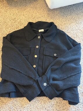 POL Black Waffle-Knit Button Front Jacket